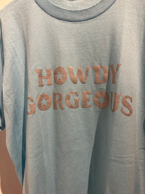 Vintage Howdy Gorgeous Tee- silver on blue