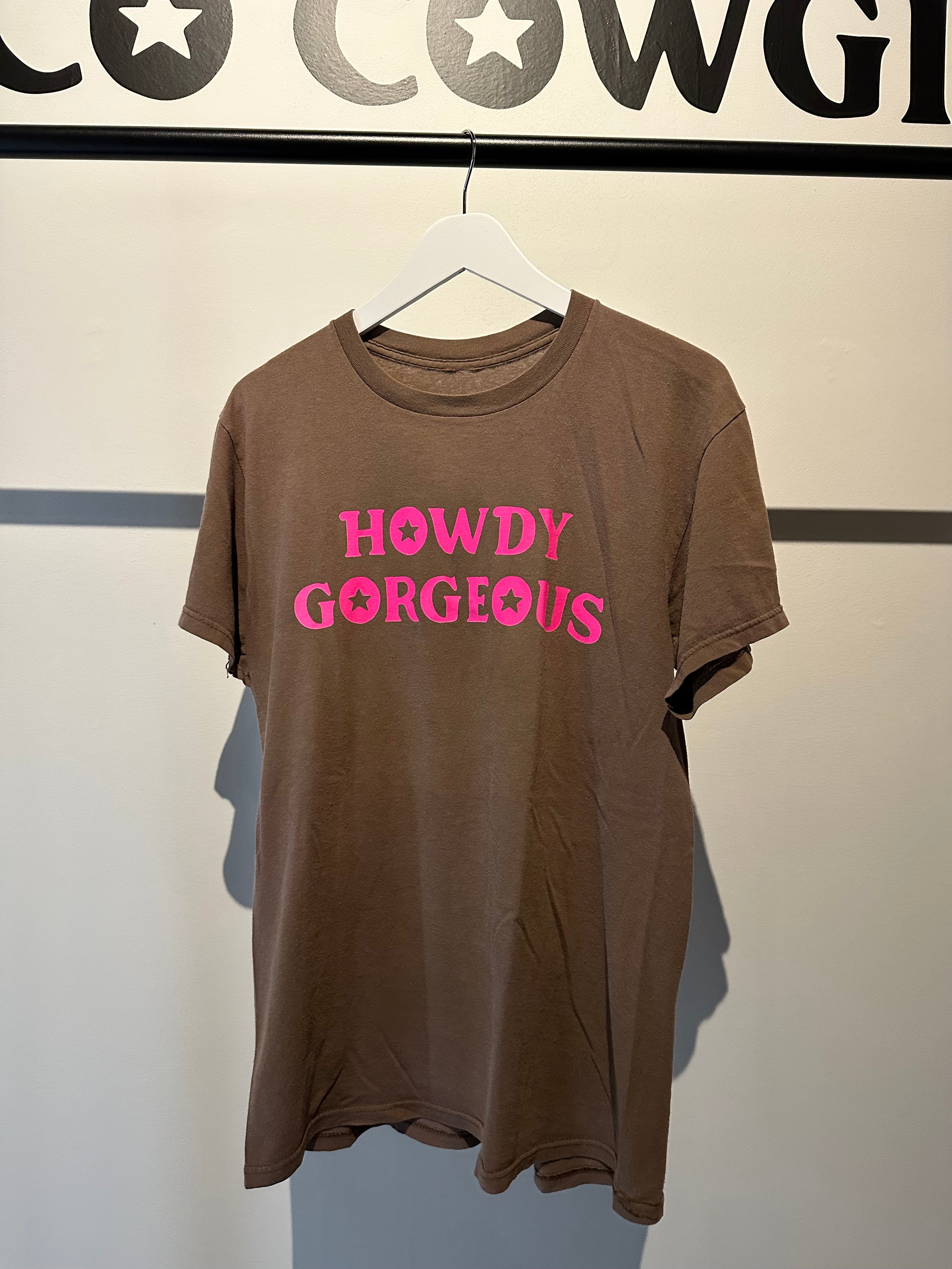 Vintage Howdy Gorgeous Tee- pink on brown